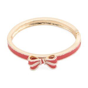 NWT TRUE TO FORM Christmas Red Bow Faux Pearl Trim Gold Tone Bangle Bracelet